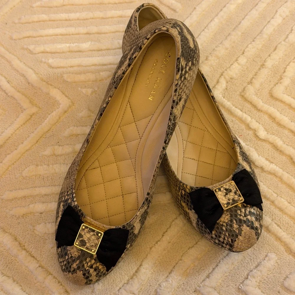 Cole Haan Tali Soft Bow Wedge Pump Snake Print Black Bow Classic Comfort Heel - Picture 5 of 16